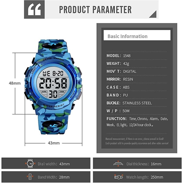 Gutteklokke Digital Sport Vanntett Elektronisk Barneklokker Barneklokke Vekkerklokke 12/24 H Stoppeklokke Kalender Gutt Jente Armbåndsur