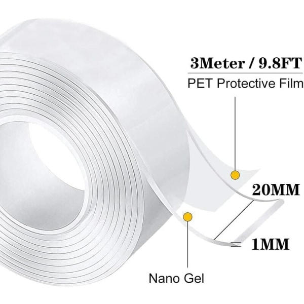 3 m super stærk dobbeltsidet tape, klar vaskbar nano tynd tape, aftagelig uden mærkning, genanvendelig skridsikker gel dobbeltsidet
