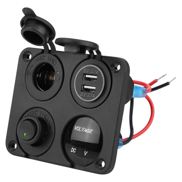 4-veis vippebryterpanel Dobbel USB-lader Sigarettenneruttak Voltmeter Grønn LED