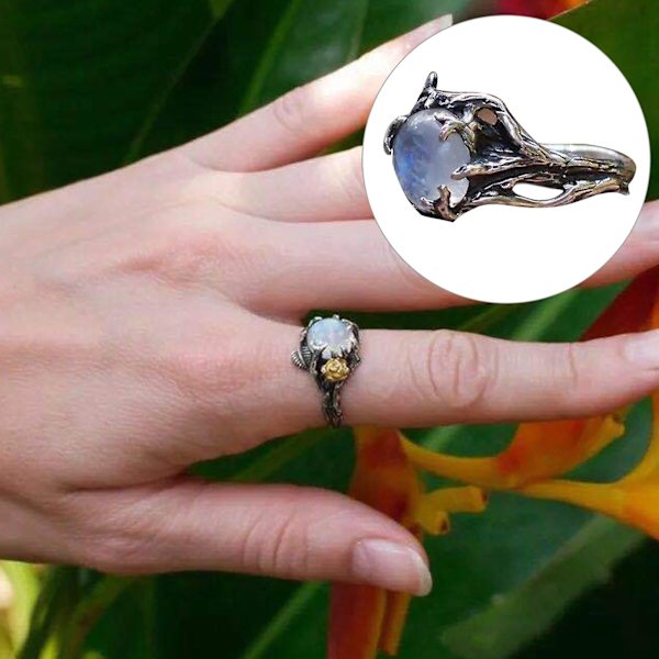 Hollow Simple Statement Vintage Ring Blad Blomma Moonstone Lady Ring Smycken Accessaries US 8