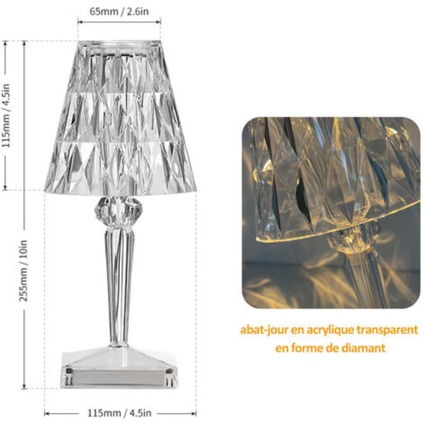 Trefarget diamantbordlampe i krystall, atmosfærisk nattlys for soverommet, litiumbatteri, berøringsfargetemperatur og lysstyrkejustering, USB r