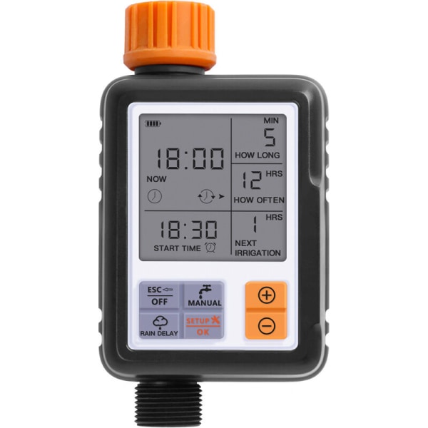 Automatisk vandingstimer til haven, udendørsvandingstimer, sprinklertimer med stort LCD-display,