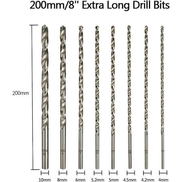 200 mm 8 st extra lång set, höghastighetstålborr, rakt skaft med diameter 4 mm, 4,2 mm, 4,5 mm, 5 mm,