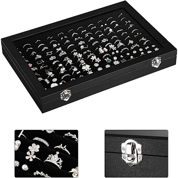 Lenhart Ring Opbevaring Og Display Box - Bakke med 100 slots - Sort og klart låg