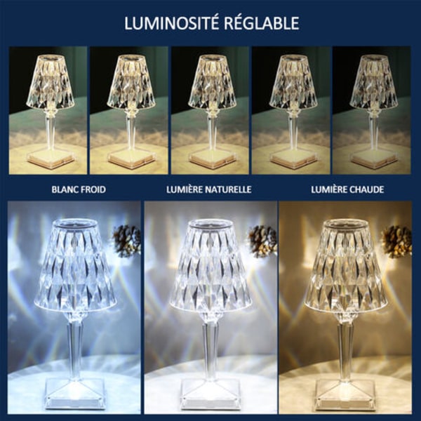 Trefarget diamantbordlampe i krystall, atmosfærisk nattlys for soverommet, litiumbatteri, berøringsfargetemperatur og lysstyrkejustering, USB r