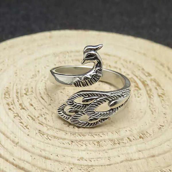 Retro Justerbar Öppen Silver Peacock Finger Flätad Stickring 3