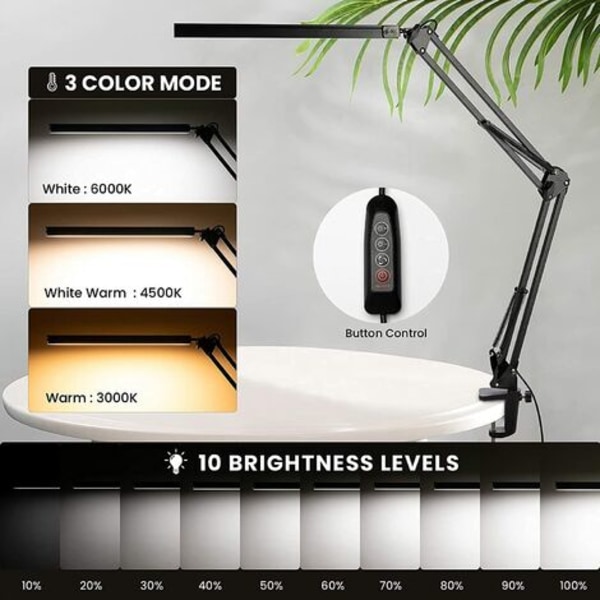 LED-bordslampe, 14W foldbar arkitektbordlampe med klemme, 10 lysstyrkeniveauer x 3 farvetilstande, justerbar bordlampe