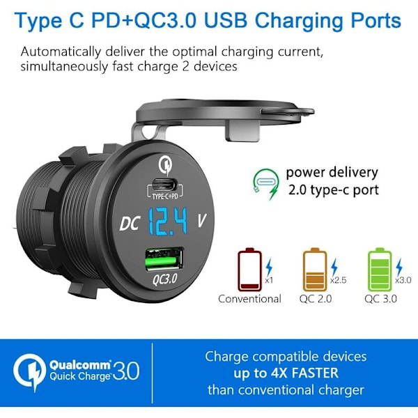 Nyeste 12V 24W 12V USB C Billader Socket 16W PD og Dual 18W QC3.0 Bil USB Socket 12V med Strømbryter Vanntett Mu