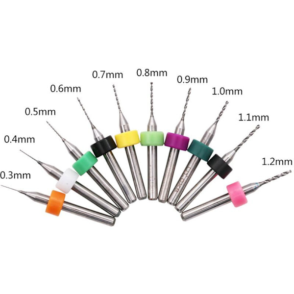 10 Micro Carbide PCB borrbitssats 0,3 mm till 1,2 mm diameter 1/8” skaft - med låda Mini Countersink borrbit Precision T