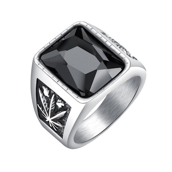 Mænd Square Rhinestone Udskåret Maple Leaf Band Titanium stål Ring smykker gave Steel Color US 10 Black..