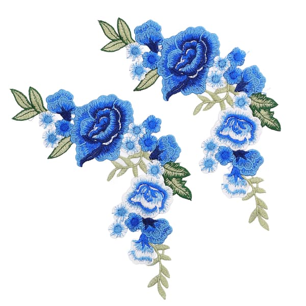 2 stk. Blå Rose Blomstermønster Polyester Silke DIY Syning Broderi Patch til T-shirts Tasker