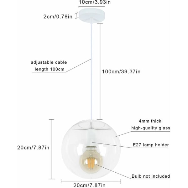 Goeco E27 Glaskula Pendelljus Ljuskrona Transparent Glas Drop Pendel Lampa Svart Lamphållare, Glas, 20cm，Inomhus