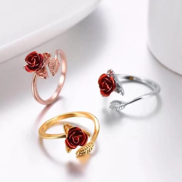 Kvinnor Circlet Röd Rose Öppningsblad Justerbar Kvinnor Ring för Alla hjärtans dag Golden