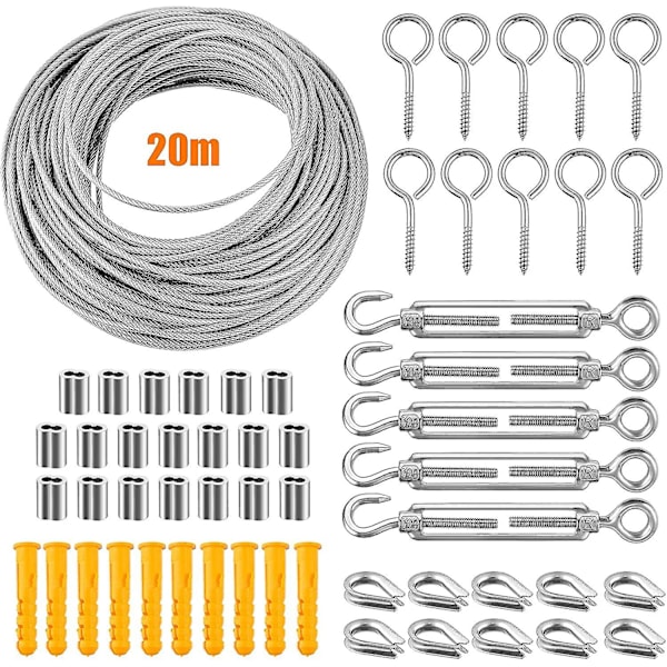 Wire-kit i rustfrit stål Wire-sæt Hængende reb i rustfrit stål med spænde og kroge med handsker 10/15/20/30m (sølv 20m (304 stk.)