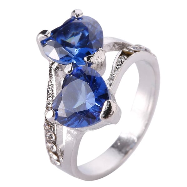 Mode Kvinnor Lyx Cubic Zirconia Rhinestone Inlagd Double Love Heart Ring Blue US 10