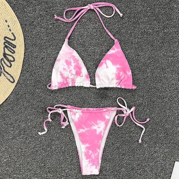 kvinnor Bandage Tie Dye Grimma Bikini Set Vadderade badkläder brasiliansk baddräkt Pink S