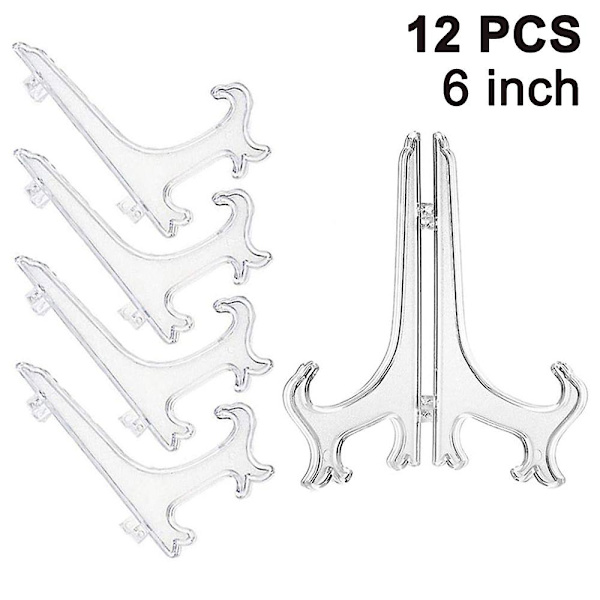 Piao 12 kpl muovitelineitä Lautastelineet, lautastelineet, taitettavat lautaset, esittelytelineet keräilylautasten esittelyyn, kulhotelineet, kirjat, P Transparent 6 inch