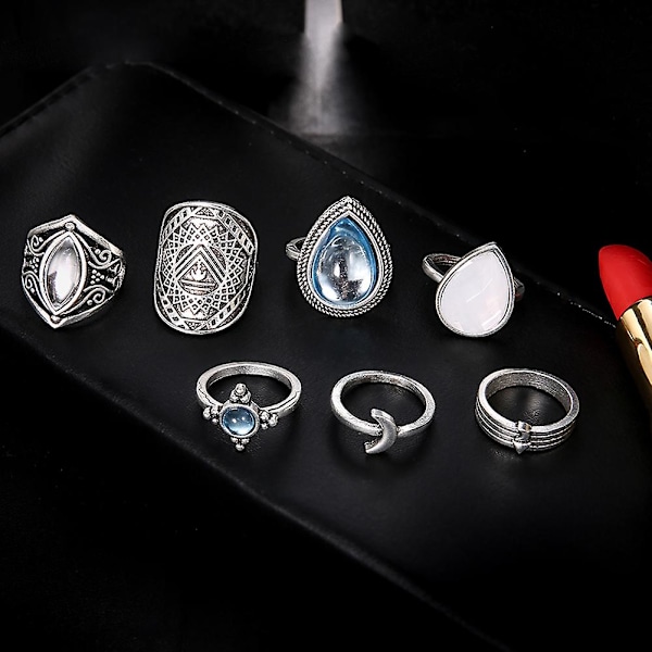 7 stk/sæt Kvinder Retro Kunstig Opal Vanddråbe Moon Finger Knuckle Ring smykker