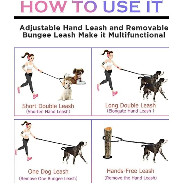 Dobbel hundekobbel for 2 hunder, hundekobbel, 360° flokefri dobbel hundekobbel, multifunksjonell avtakbar kobbel, elastisk materiale