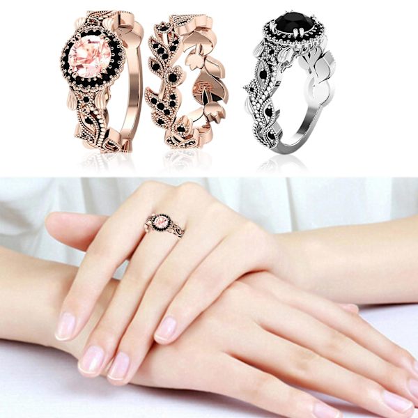 2st/ set Mode Blomma Löv Strass Kvinnor Vigselring Smycken Tillbehör Rose Gold US 9