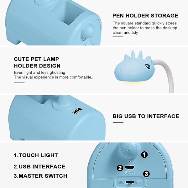 Led bordlampe for barn, bordlampe med 3 farger og dimbar, berøringsbryter / usb-tilkobling / penneholder, leselampe for barnerom, arbeidsrom, jobb (b