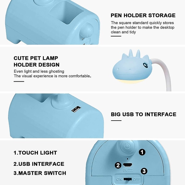 Led bordslampa för barn, bordslampa med 3 färger och dimbar, pekbrytare / USB anslutning / pennhållare, läslampa för barnrum, arbetsrum, arbete (b)