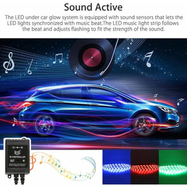 4 stk Car LED Neon Undervogns Gløde Light Underglow Dekorative Atmosphere Bar Lights Strip Kit, 5050 SMD Undervognssystem Wa