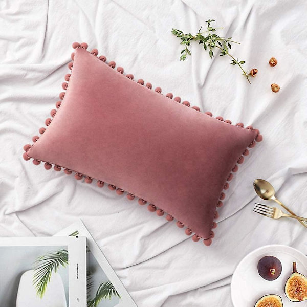 Pakkaus 2 Velvet Throw Tyynynpäällistä Pompom koristetyynynpäälliset Kiinteät pehmeät tyynynpäälliset Poms Squarella sohvalle sohvalle makuuhuoneen auto 18x18 tuumaa Da 12 x20 Jam