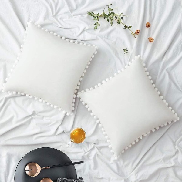 Set med 2 kuddfodral i sammet Dekorativa örngott Pompom Pompom Kuddar Mjuka Och Rejäla Med Fyrkantiga Poms För Soffa Sovrum Soffa 45x45cm 26 x26 Pure White