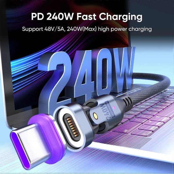240W magnetisk ladekabel 180 roterende USB-C til USB-C magnetisk datakabel