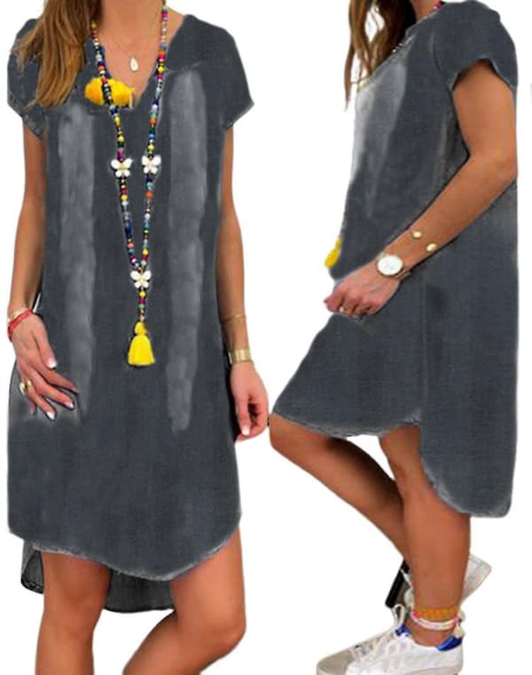 Dame V-hals denimkjole SORT BLACK S