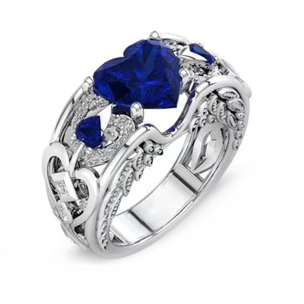 Kvinnor Ring Hollow Out Heart Smycken Galvanisering Mode Utseende Fingerring för bröllop Blue US 8