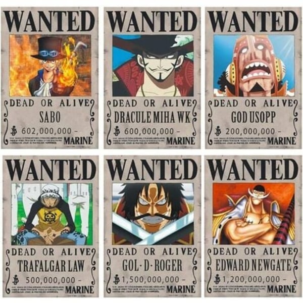One Piece Wanted Plakater 28,5 cm × 19,5 cm, Ny udgave Kraft Paper Plakat, Luffy 1,5 milliarder, sæt med 24
