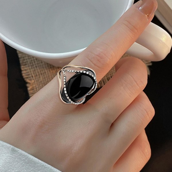 Inlagd Rhinestone Lyx Retro Ring Stor Svart Faux Gem Dam Ring Smycken Tillbehör US 8
