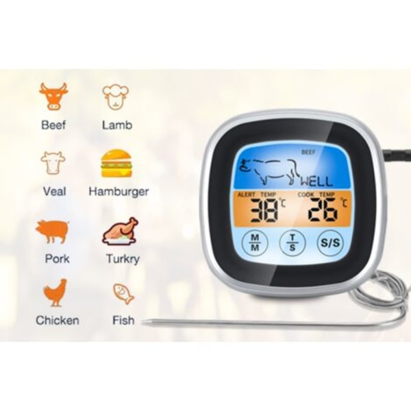 Digitalt kjøtttermometer, grilltermometer med LCD-skjerm, kjøkkentimer, brukes til grilling, stekeovn, BBQ, matlaging, røyker