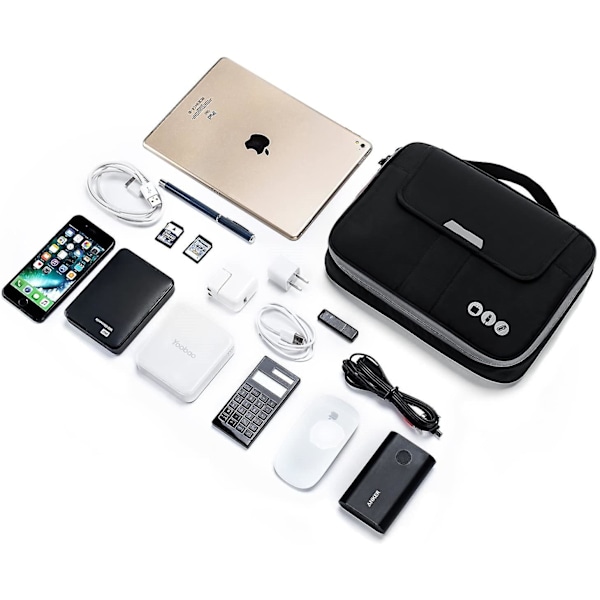 Universal reisekabelorganisering Elektronikktilbehør Bæreveske for 9,7 tommers Ipad, Kindle, strømadapter Black and Grey