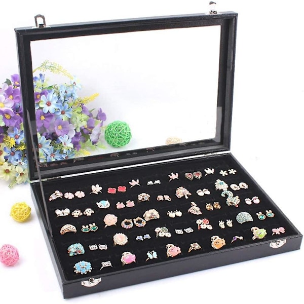 Lenhart Ring Opbevaring Og Display Box - Bakke med 100 slots - Sort og klart låg