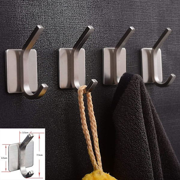 Handdukskrok, 3 m krokar, självhäftande krokar Badrum, självhäftande klädkrok Stick On Wall Rostfritt stål Borstad 4-pack