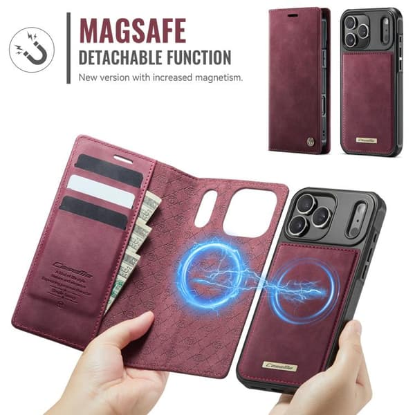 iPhone 17 Pro -nahkakotelo MagSafella ja RFID-estolla, irrotettava lompakko Röd