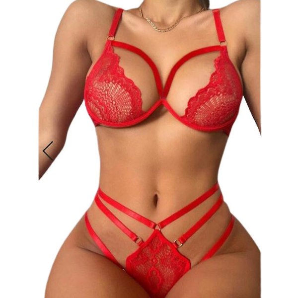 Kvinner Floral Lace Strappy BH Thong G-String Sett Undertøy Red S