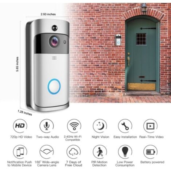 Trådløst WiFi videodørklokkekamera, infrarød nattsynsovervåking for iOS og Android (sølv)