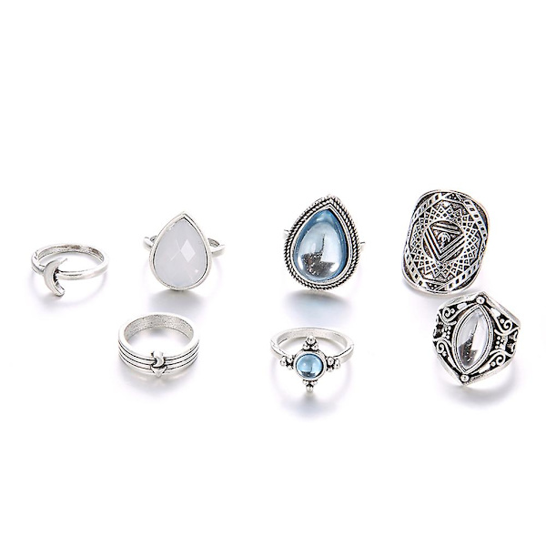 7 stk/sæt Kvinder Retro Kunstig Opal Vanddråbe Moon Finger Knuckle Ring smykker