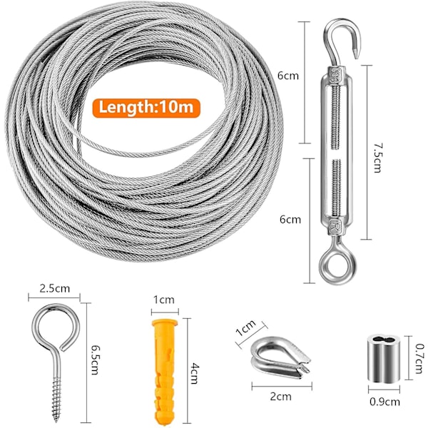 Ståltausett Rustfritt stål Wiresett Hengende tau Rustfritt ståltau med spennspenne og kroker med hansker 10/15/20/30m (sølv 20m (304 stk)