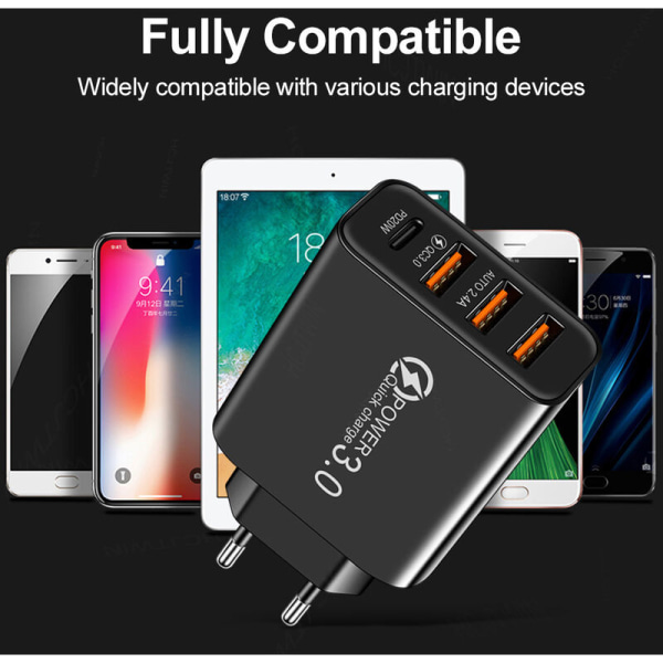 Quick Charge 3.0 USB-vegglader og USB C-kabel, QC 3.0 30W/6A 4-ports hurtigvegglader Universal Multiple USB Power Ad