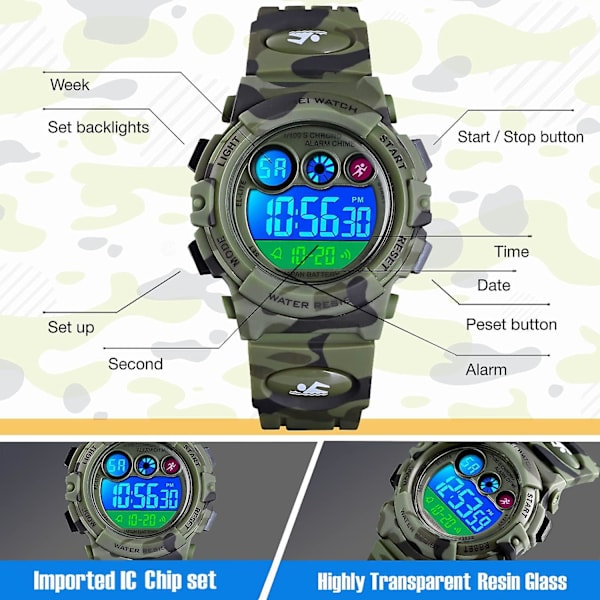 Digital watch för barn för pojkar, flickor, vattentäta elektroniska multi fritidsklockor för casual , 7 Co