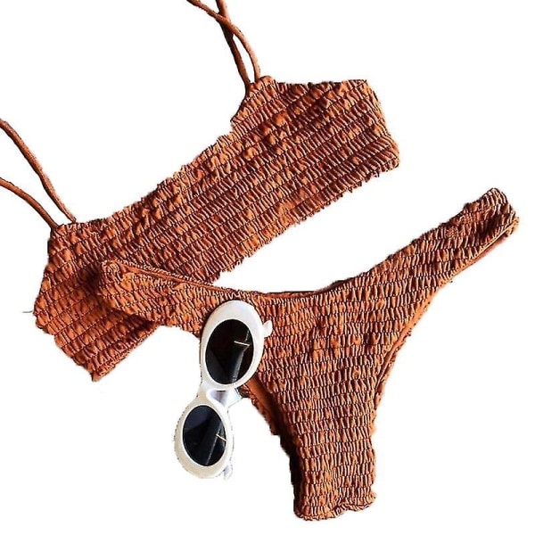 Kvinder Sommer Crinkle Bikini Sæt Plain Badetøj Badedragt Orange S