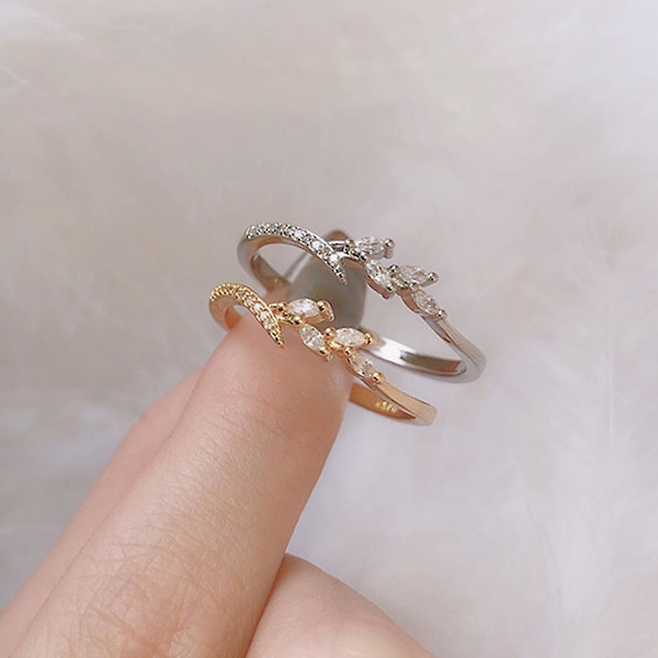 Dammode Bladform Marquise Cut Cubic Zircon Inlagd Finger Ring Smycken Silver US5