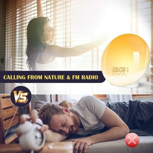 Herätyskello valolla, kelloradio Aamunkoiton ja hämärän simulaattori 7 luonnonääntä Torkkutoiminto FM-radio Keltainen LED sängyn vieressä