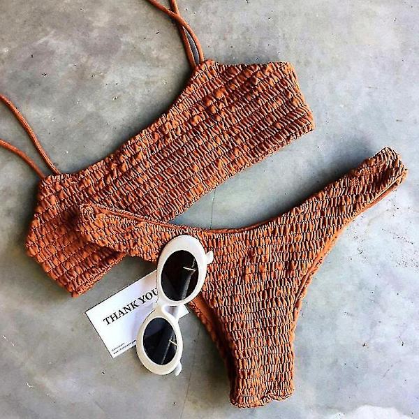 Kvinder Sommer Crinkle Bikini Sæt Plain Badetøj Badedragt Orange M