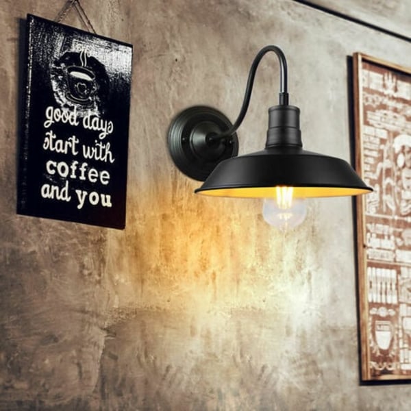 Retro Industriel Væglampe Metalskærm E27 Lampe til Soveværelse Stue Bar Sort og Hvid - Sort